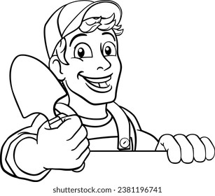 A gardener, handyman or farmer cartoon caretaker contractor man holding a garden spade tool. Peeking over a sign.