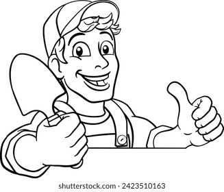 A gardener, handyman or farmer cartoon caretaker contractor man holding a garden spade tool. Peeking over a sign and giving a thumbs up