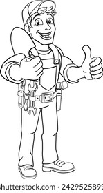 A gardener, handyman or farmer cartoon caretaker contractor man holding a garden spade tool. Giving a thumbs up