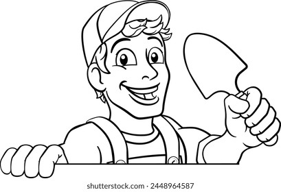 A gardener, handyman or farmer cartoon caretaker contractor man holding a garden spade tool. Peeking over a sign.