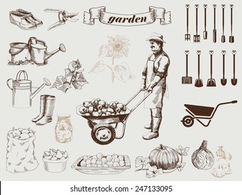 gardener harvests on his farm set of vector sketches on a gray background