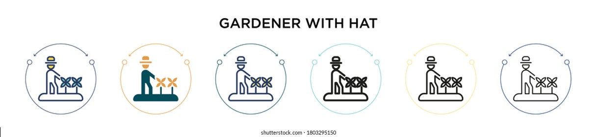 Gardener with hat icon in filled, thin line, outline and stroke style. Vector illustration of two colored and black gardener with hat vector icons designs can be used for mobile, ui, web