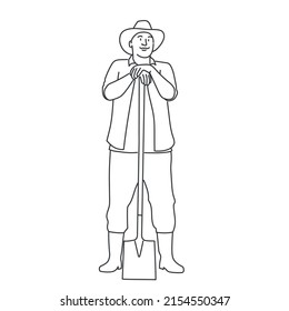 Gardener in a hat leans on a shovel. Agricultural worker. Hand drawn vector illustration. Black and white.