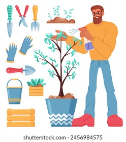 Gardener hobby. Farmer craft. Man growing tree in flowerpot. Guy spraying plant leaves. Gardening equipment. Flowers cultivation. Seedlings in soil ground. Bucket and digging shovel. Vector concept