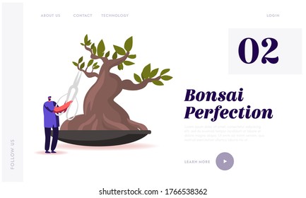 Gardener Hobby, Japanese Culture. Landing Page Template. Tiny Male Character Trimming Bonsai Tree with Huge Scissors. Man Doing Gardener Works Prune and Cut Branches. Cartoon Vector Illustration