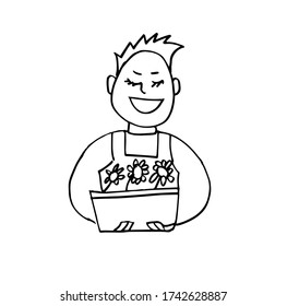 The gardener is holding a box of flowers. A hand-drawn sketch. Black and white Doodle vector illustration