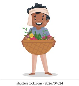 Gardener is holding a flower basket in his hands. Vector graphic illustration. Individually on a white background.