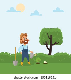 Gardener holding gardening watering can. Happy farmer cartoon character design