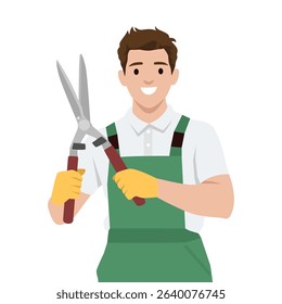 Gardener Holding Hedge Shears Ready for Trimming. Flat vector illustration isolated on white background