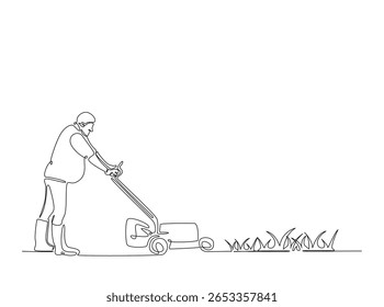 Jardineiro segurando cortador de grama em ilustração de contorno único. Linha contínua desenho de arte do homem segurando máquina de corte de grama.