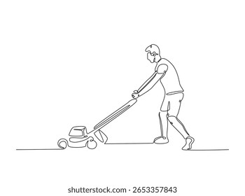 Jardineiro segurando cortador de grama em ilustração de contorno único. Linha contínua desenho de arte do homem segurando máquina de corte de grama.