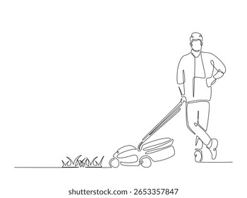 Jardineiro segurando cortador de grama em ilustração de contorno único. Linha contínua desenho de arte do homem segurando máquina de corte de grama.