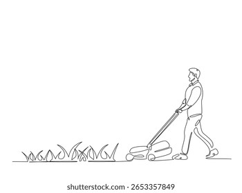 Jardineiro segurando cortador de grama em ilustração de contorno único. Linha contínua desenho de arte do homem segurando máquina de corte de grama.
