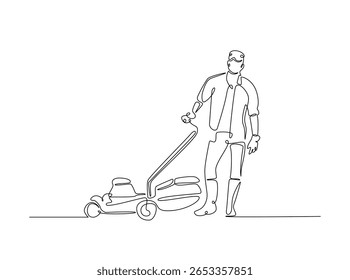 Jardineiro segurando cortador de grama em ilustração de contorno único. Linha contínua desenho de arte do homem segurando máquina de corte de grama.