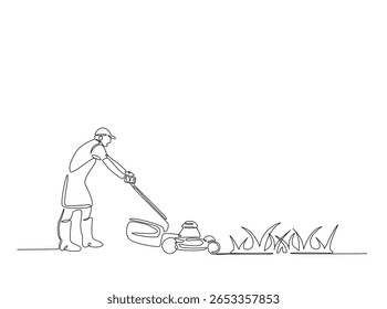 Jardineiro segurando cortador de grama em ilustração de contorno único. Linha contínua desenho de arte do homem segurando máquina de corte de grama.