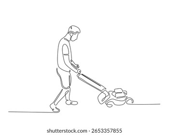 Jardineiro segurando cortador de grama em ilustração de contorno único. Linha contínua desenho de arte do homem segurando máquina de corte de grama.