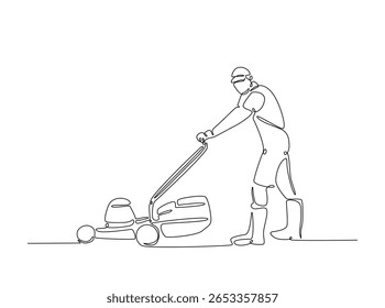 Jardineiro segurando cortador de grama em ilustração de contorno único. Linha contínua desenho de arte do homem segurando máquina de corte de grama.