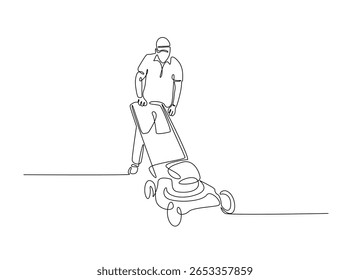 Jardineiro segurando cortador de grama em ilustração de contorno único. Linha contínua desenho de arte do homem segurando máquina de corte de grama.
