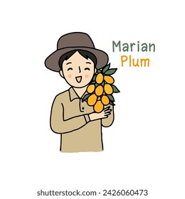 Gardener holding Marian Plum, Mayong Chid fruit, hand drawn style vector illustration.