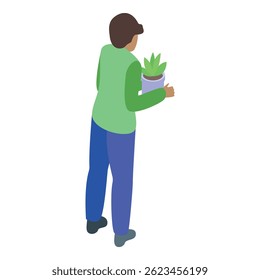 Gardener is holding a plant pot in this isometric illustration