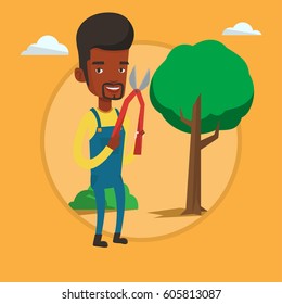 Gardener holding pruner. Gardener is going to trim branches of a tree with pruner. Gardener working in the garden with pruner. Vector flat design illustration in the circle isolated on background.