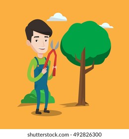 A Gardener Holding A Pruner. A Man Is Going To Trim Branches Of A Tree. Professional Gardener Pruning A Tree. Gardener Working In The Yard With Clipper. Vector Flat Design Illustration. Square Layout.