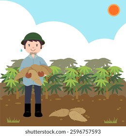 The gardener holds cassava roots in his hand 