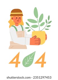 Gardener with houseplant error 404 flash message. Taking care of flower in pot. Empty state ui design. Page not found popup cartoon image. Vector flat illustration concept on white background