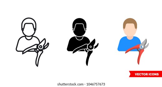 Gardener icon of 3 types: color, black and white, outline. Isolated vector sign symbol.