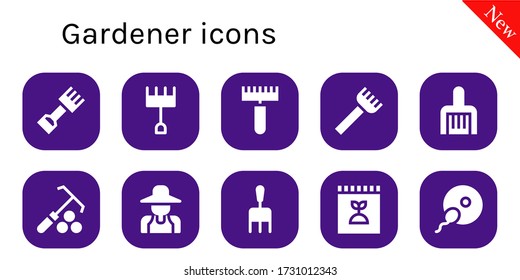 gardener icon set. 10 filled gardener icons.  Simple modern icons such as: Rake, Gardener, Fertilizer, Fertilization