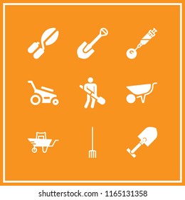 gardener icon. This set with pruning shears, wheelbarrow, lawn mower and shovel vector icons for mobile and web