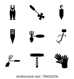 Gardener icons. set of 9 editable filled gardener icons such as gardening tool, gardener jumpsuit