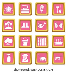 Gardener icons set vector pink square isolated on white background 