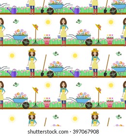 gardener illustrate, seamless pattern for gardening theme with woman, flowers in wheelbarrow