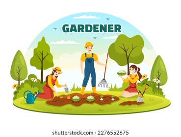 Gardener Illustration with Garden Tools, Farming, Grows Vegetables in Botanical Summer Gardening Flat Cartoon Hand Drawn for Landing Page Templates