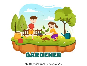 Gardener Illustration with Kids, Garden Tools, Farming, Grows Vegetables in Botanical Summer Gardening Cartoon Hand Drawn for Landing Page Templates