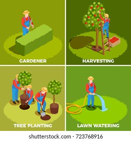 Gardener isometric people 2x2 design concept with human characters in hats and pinafores with gardening tools vector illustration