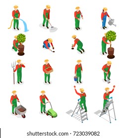 Gente isométrica jardinera iconos colección de caracteres humanos aislados en uniforme con plantas y herramientas ilustración vectorial