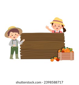 Niños jardineros con tablero de madera y cajas de frutas de madera