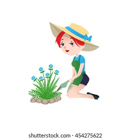 Gardener lady with shrubbery. Backyard gardening vector illustration.