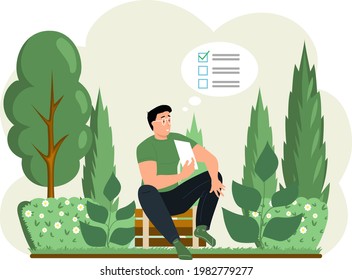 Gardener landscape designer man sitting in garden with trees holding plan in hands cartoon character. Creative professional floral architecture planning lawn flowerbed exterior, landscaping project