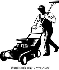 Gardener Landscaper Groundsman or Groundskeeper Pushing Lawn Mower Woodcut Black and White   