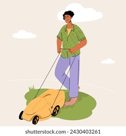 El jardinero con la cortadora de césped corta la hierba en el césped. Trabajos de jardinería y equipamiento. Gente haciendo jardinería. Ilustración de caracteres vectoriales planos.