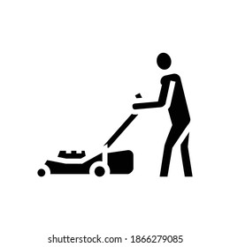 gardener with lawn mower glyph icon vector. gardener with lawn mower sign. isolated contour symbol black illustration