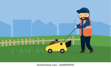 Jardinero con una cortadora de césped en el fondo de la ciudad