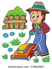 Gardener with lawn mower theme image 1 - eps10 vector illustration.