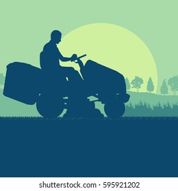 Gardener with lawn mower tractor cutting grass vector background landscape