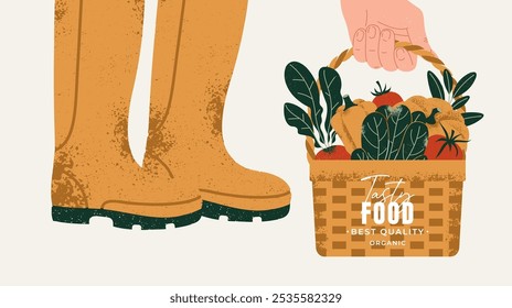 Gardener legs in rubber boots. A person holding a basket of freshly harvested vegetables