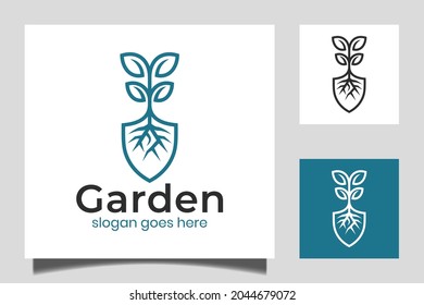 Diseño de logo lineal de jardinería inspirador de la plantilla vectorial, cuidado de césped, agricultor, servicio de césped ecológico con icono de pala vector