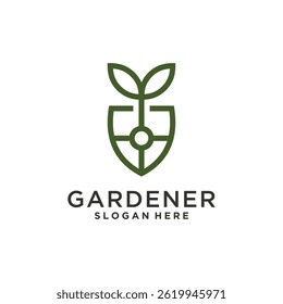 Diseño del logotipo del jardinero con la hoja y el símbolo del escudo